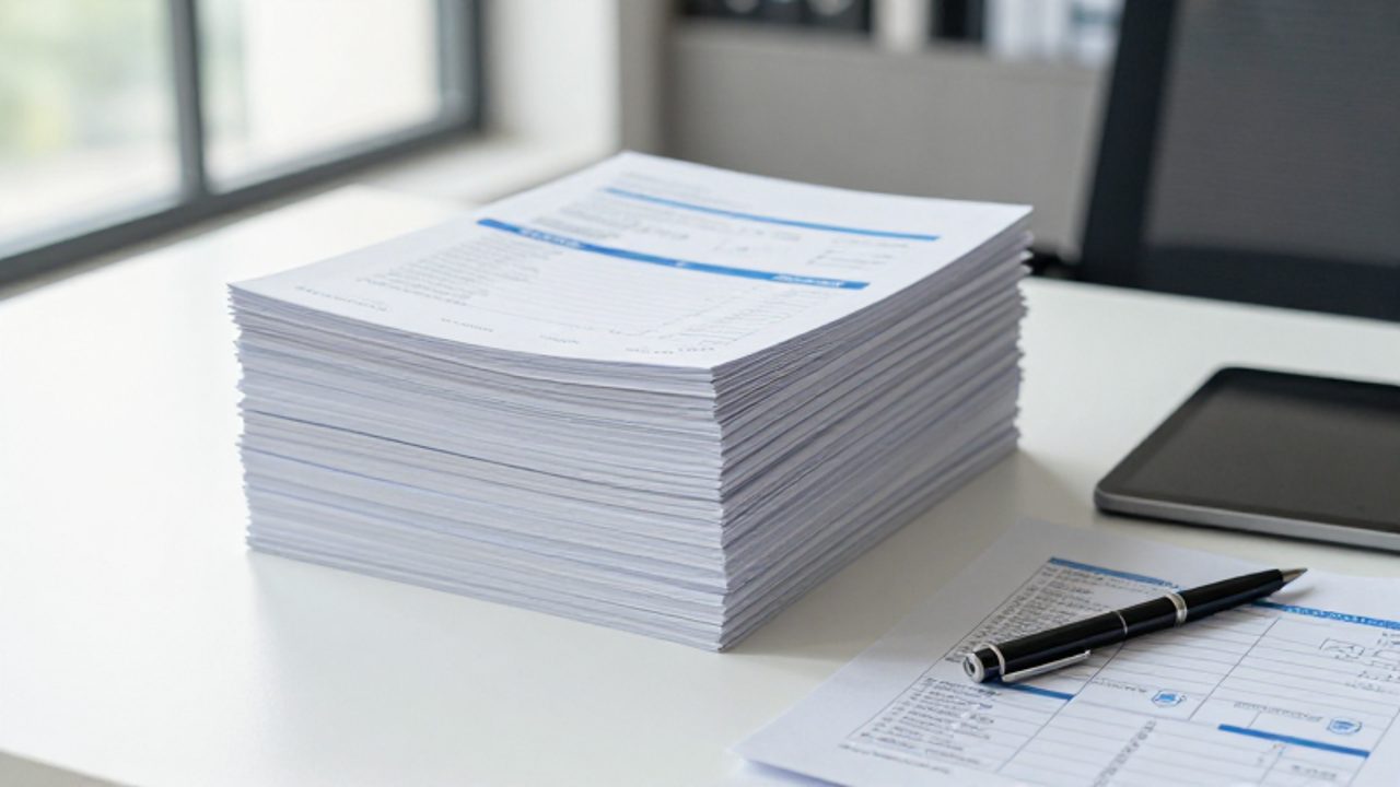 Manuales técnicos, carpetas organizadas y diagramas de flujo sobre un escritorio de oficina ordenado.