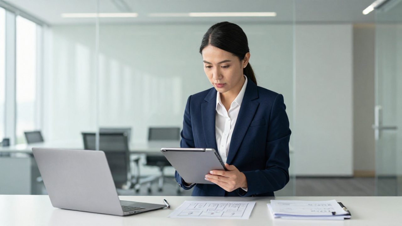 Una responsable de calidad analiza un diagrama de procesos y una tableta digital en una oficina moderna.