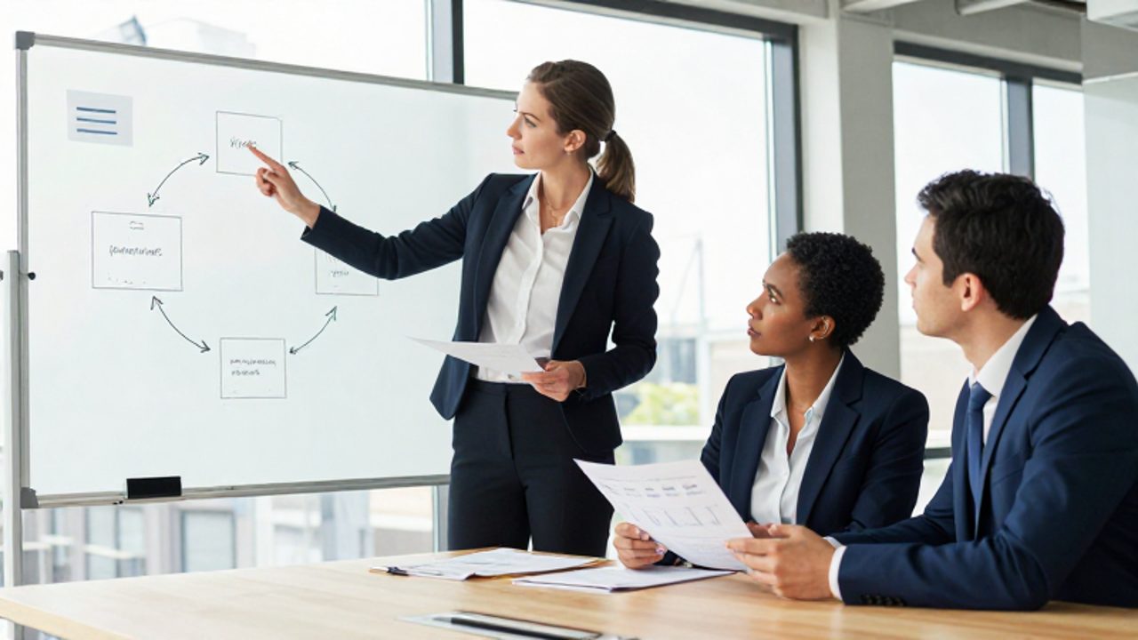 Un grupo de profesionales colabora en una oficina moderna mientras una manager señala un diagrama de mejora continua en una pizarra de cristal.