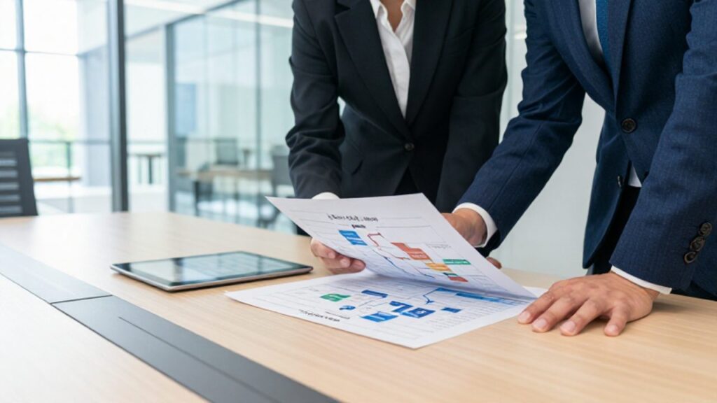 Un gestor de calidad y un auditor revisan documentos y diagramas de procesos sobre una mesa en una oficina moderna.