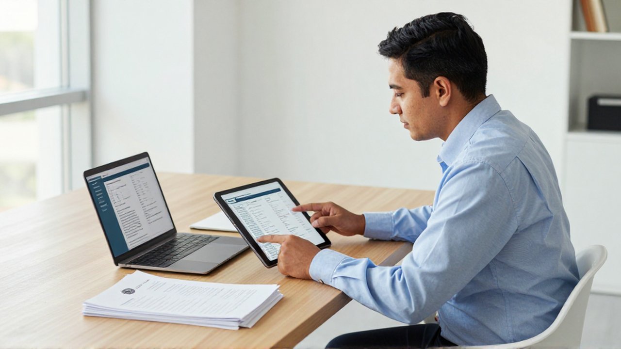 Una persona trabaja con una tableta y un portátil junto a documentos con sellos oficiales en una oficina luminosa.