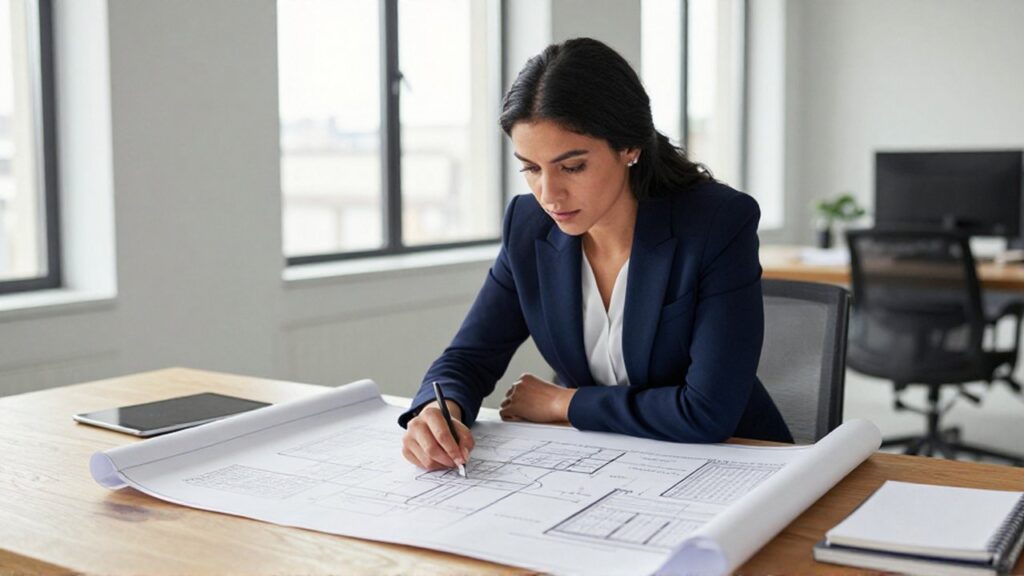 Una mujer analiza un diagrama de flujo y datos sobre un plano arquitectónico en una mesa de madera.