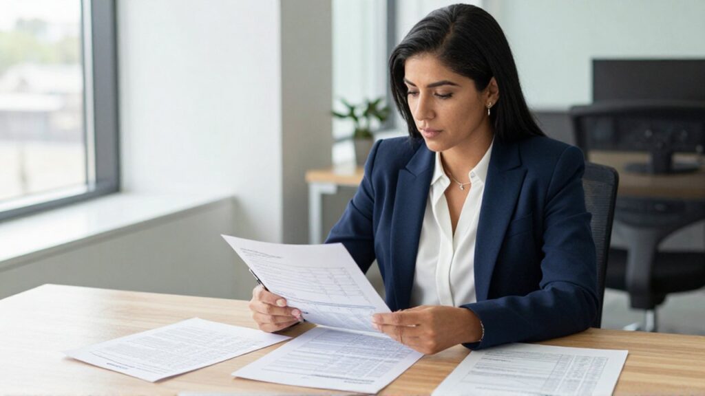 Mujer con vestimenta casual revisa informes técnicos y documentos sobre un escritorio de madera.