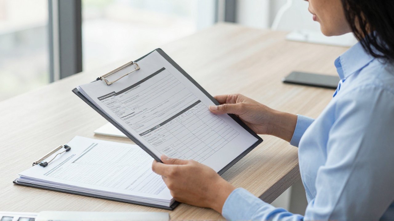 Manos de una mujer comparando un manual de procedimientos impreso con registros de datos escritos a mano.