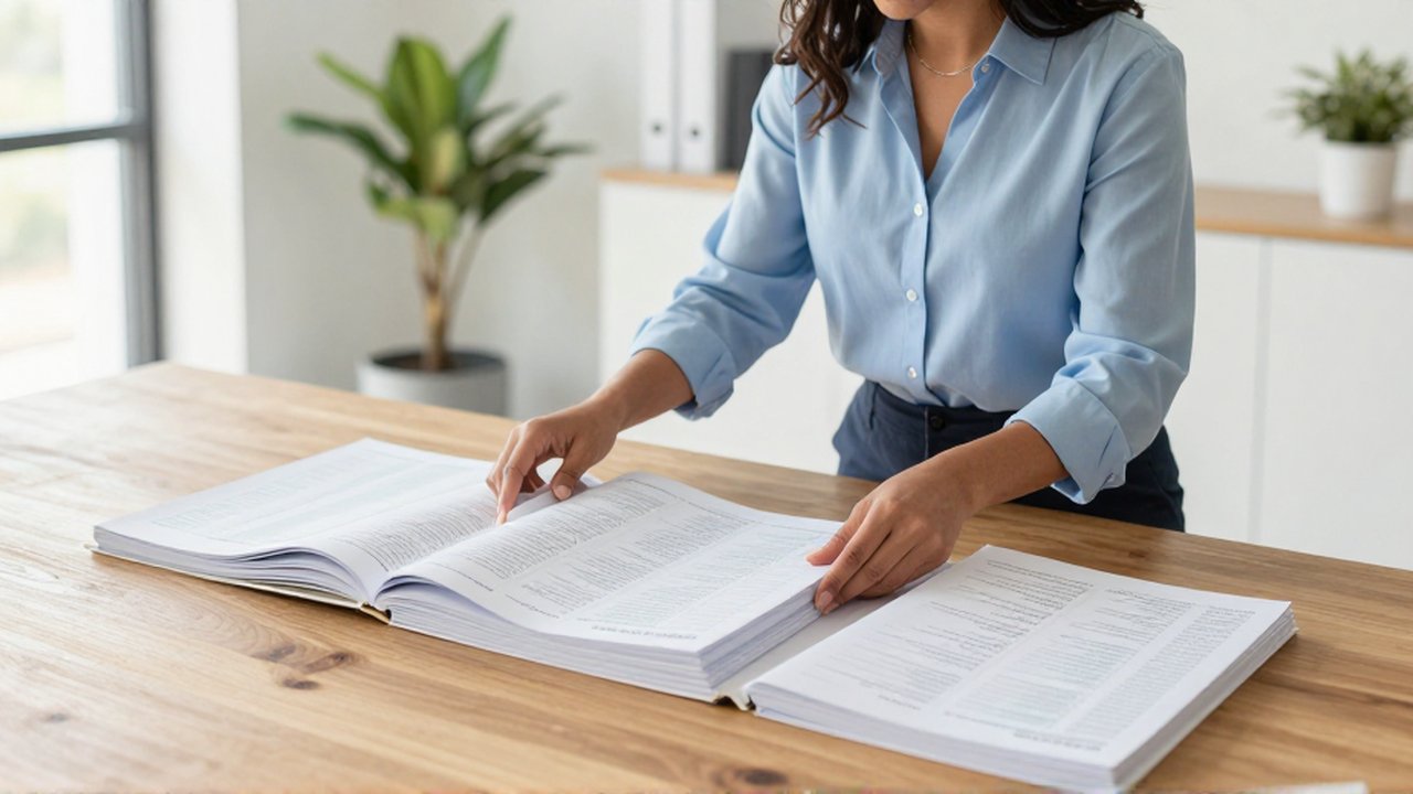 Una mujer organiza varios manuales técnicos sobre una mesa de madera en una oficina moderna.