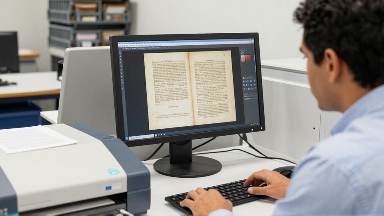Un especialista observa la digitalización de un manuscrito antiguo en un monitor dentro de una oficina de archivos.