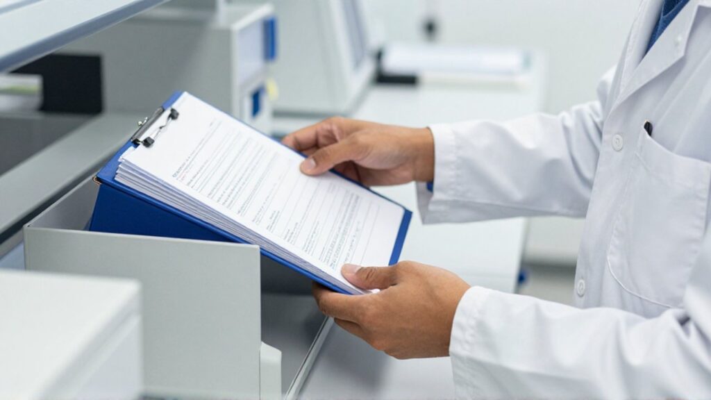 Un técnico organiza carpetas de documentos y reportes impresos sobre una mesa de laboratorio.