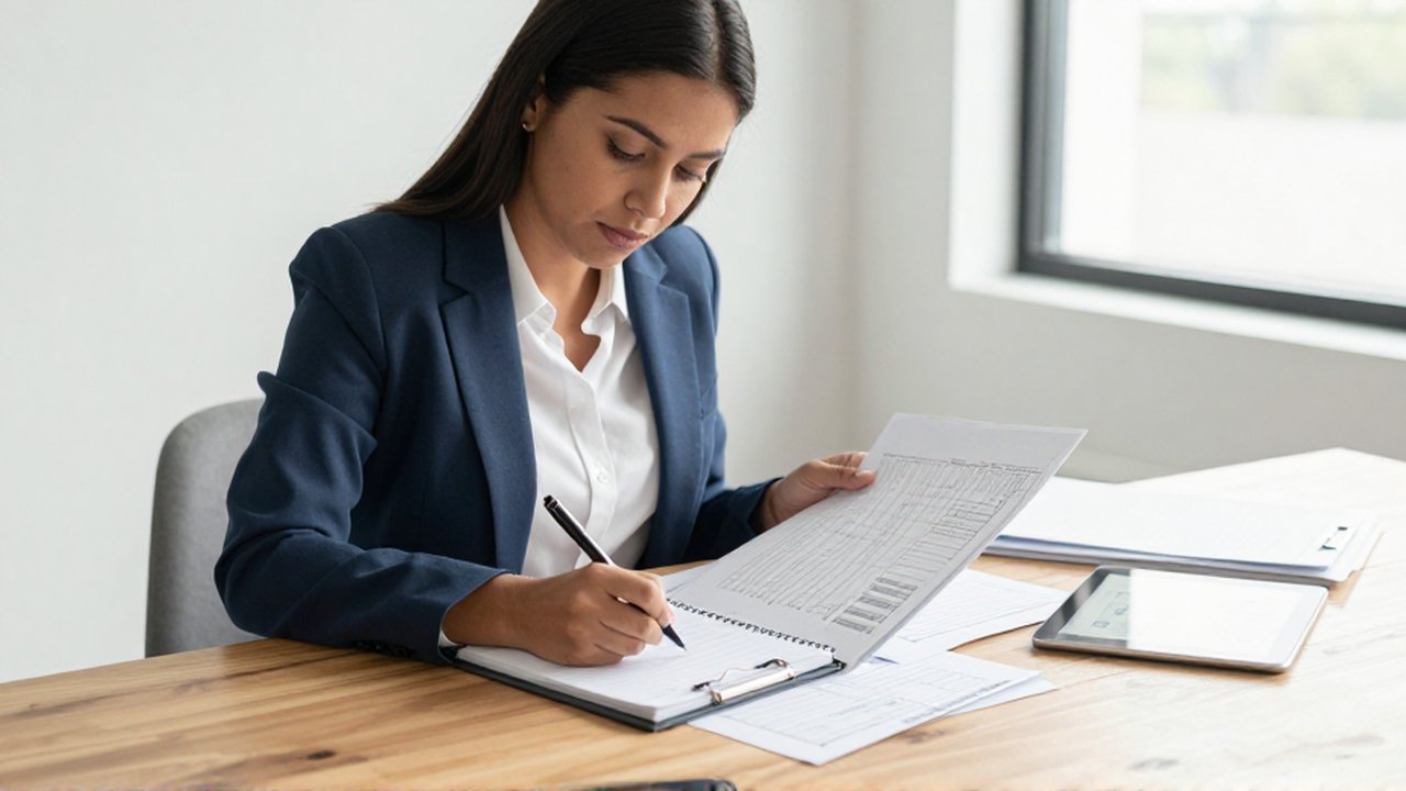 Una mujer con ropa casual de negocios escribe en un cuaderno mientras revisa documentos y una lista de verificación en un escritorio de madera.