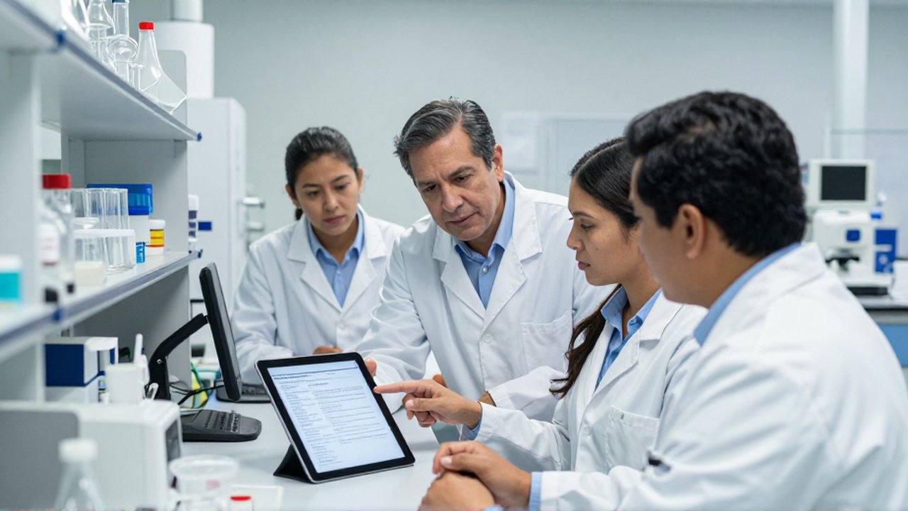 Profesionales de laboratorio discuten frente a una mesa de trabajo mientras un gestor señala un documento en una tableta.